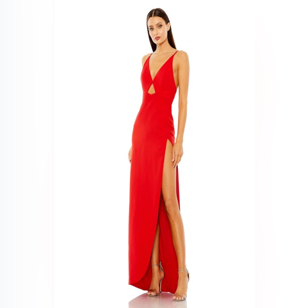 Ieena For Mac Duggal Thin Strap Cutout High Slit Red Gown-Size 2 27434 $358 New